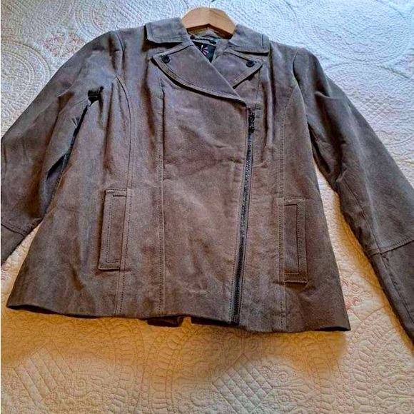 Isaac Mizrahi Jackets & Blazers - Women's Suede Leather Taupe Jacket